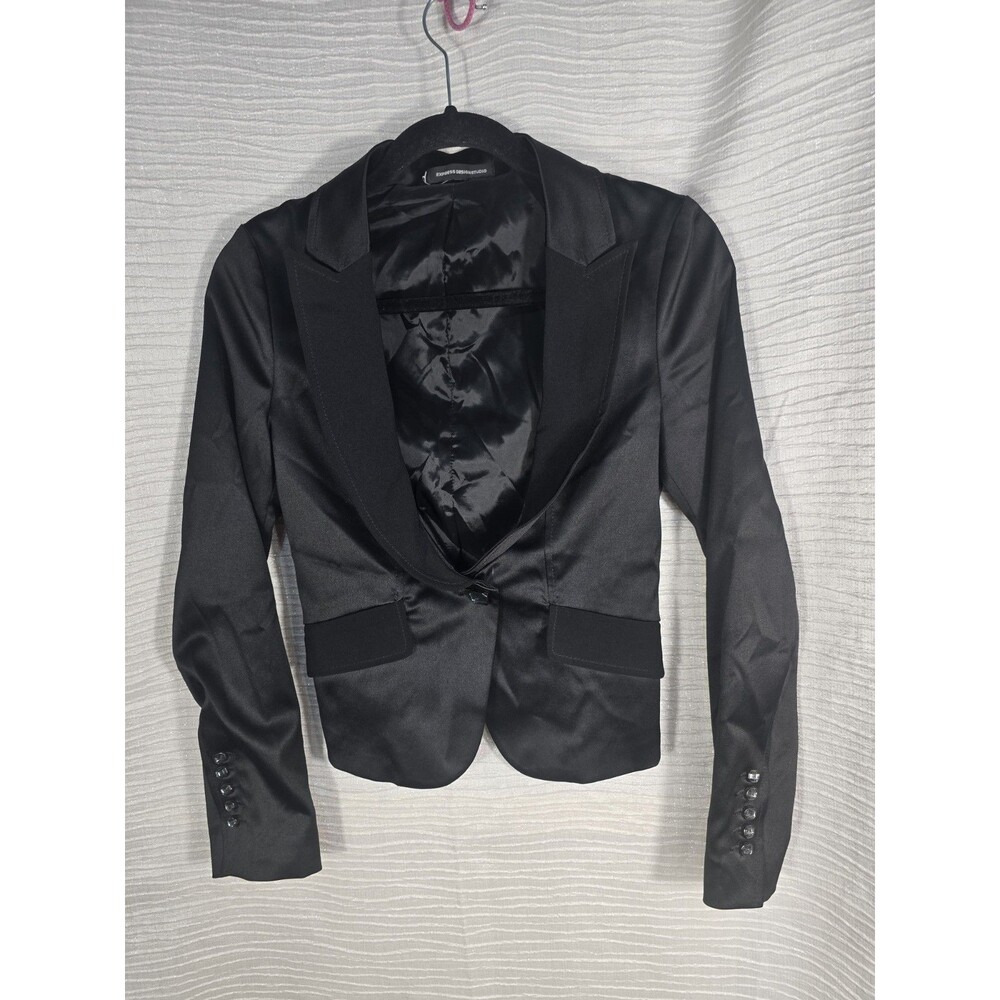 Express Design Blazer Jacket Women's Black Leopard Print Lined Notch Lapel Sz 0